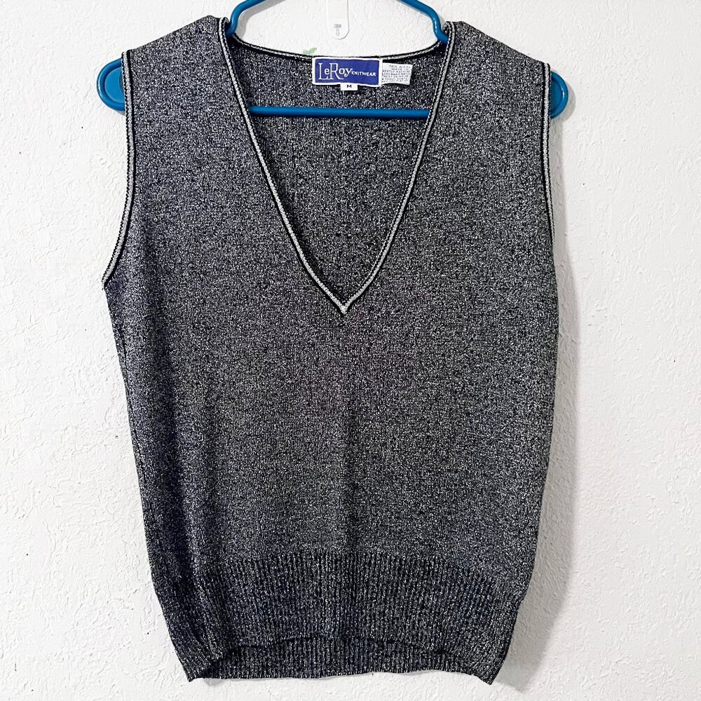 Vintage 1970s LeRoy Knitwear Metallic‎ Black Wool/Silver V-Neck Vest Size Medium